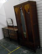 Early 1930's wardrobe with oval mirrored panel door, dressing table and chest of three drawers