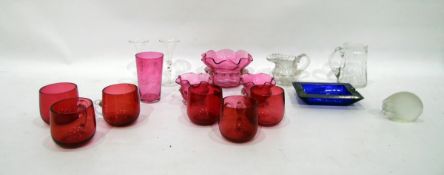 Six cranberry and clear punch cups, pair cranberry and clear frilled salts and similar sugar basin