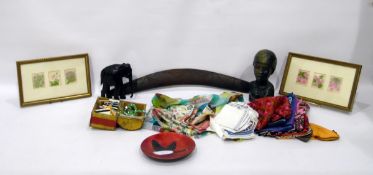 Australian boomerang, a bead necklace, vestas, silk handkerchiefs and scarves, silk cigarette