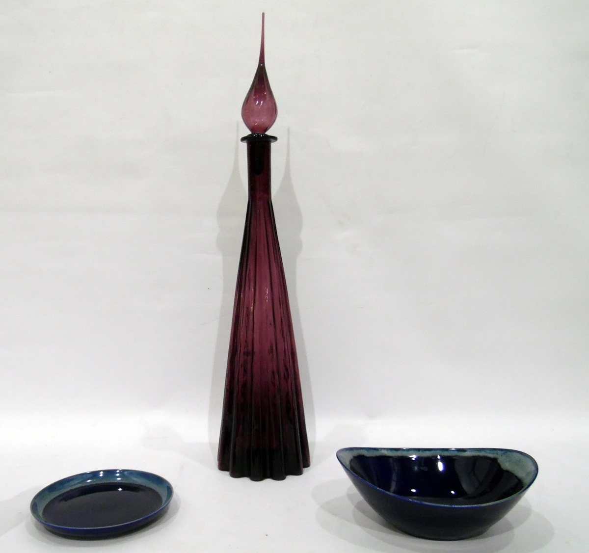 Large amethyst coloured decanter with glass stopper and a German Schonwald bowl and dish (3)