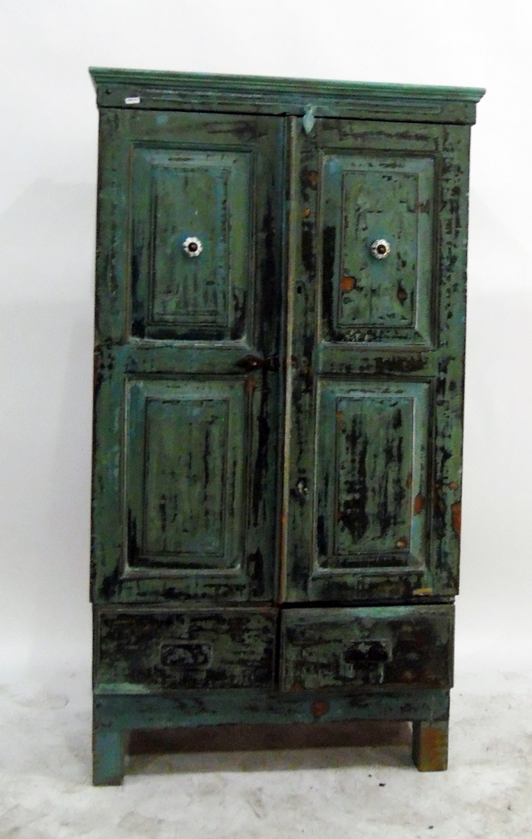 Dwarf Victorian painted pine two door cupboard, shelf interior enclosed by two field panel doors