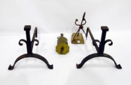 Pair iron scissor-pattern sugar cutters on iron and wood stand, pair iron firedogs and brass meat