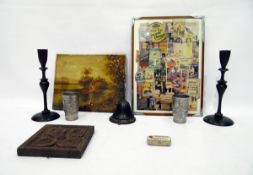 Red Bell tobacco metal table bell, collection of framed advertising scraps, pair turned wooden