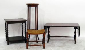 Oak two tier occasional table with spiral turned supports, 48cm wide, a reproduction sofa tool, a