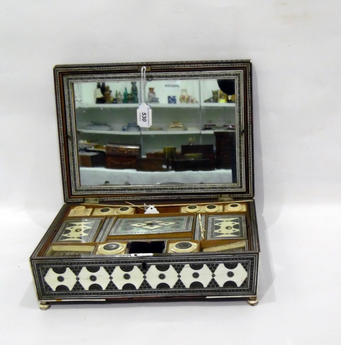 19th century Anglo Indian Sadeli work fitted sewing box of sarcophagus form, the internal - Image 2 of 2