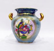 19th century Mintons lustre vase of baluster form, gilt rim and gilt to handles, green lustre