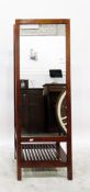 Modern stained mahogany type cheval mirror, rectangular with slatted shelf below and hanging rail to