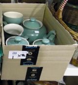 Denby pale turquoise with cream interior two teapots, coffee pot, jug, milk jug and sugar bowl (1