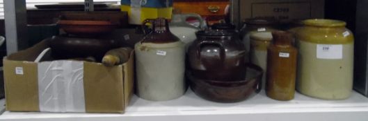 Large quantity of stoneware jars and various wooden kitchenalia