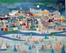 Paper collage showing a harbour scene with sailing boats, a full moon and clouds