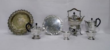 Persian metal tray, Sheffield EPNS four-piece tea set, silver plated tray, etc and a spirit kettle