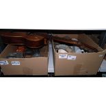 Various ceramic jelly moulds, metalware and a guitar (2 boxes and the guitar)