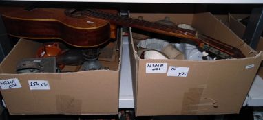 Various ceramic jelly moulds, metalware and a guitar (2 boxes and the guitar)