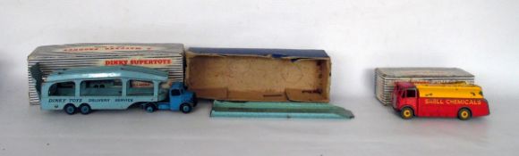 Dinky Supertoys Pulmore car transporter 982 and AEC tanker 991, both in blue and white striped boxes