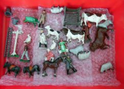 Quantity of lead farm animals and related figures including milkman, signpost, wheelbarrow, etc