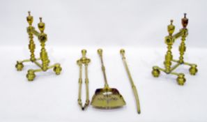 Set of three brass fire irons and a pair of brass andirons