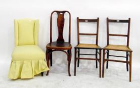 Pair of Edwardian cane seated bedroom chairs, a bentwood chair with vase splat and an upholstered