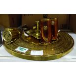 Various brass and copper items including a large brass circular Eastern style tray, chamber