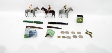 Three diecast models of horses, with jockey mounts, two old fountain pens, a miniature Huntley &