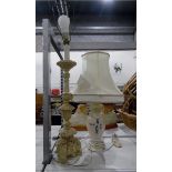 Large cream carved table lamp and a white ceramic table lamp with shade