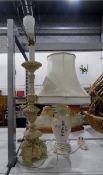 Large cream carved table lamp and a white ceramic table lamp with shade