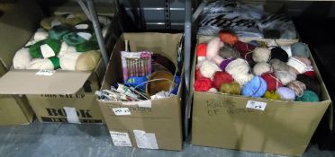 Large quantity of knitting needles and three boxes of new knitting wool including Jaeger, Rowan, etc