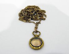 Victorian gold-coloured guard chain, ornate, tapered and belcher link with hinged swivel clasp and