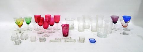 Set of six cranberry and clear stemmed wines, set of six 20th century coloured and clear stemmed