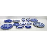 Quantity of 19th century and later blue and white pottery plates to include 'Willow' pattern,