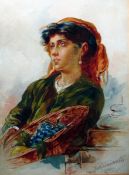 R Elirennertti(?) Watercolour drawing Study of Italian girl selling grapes, signed and dated 1904,