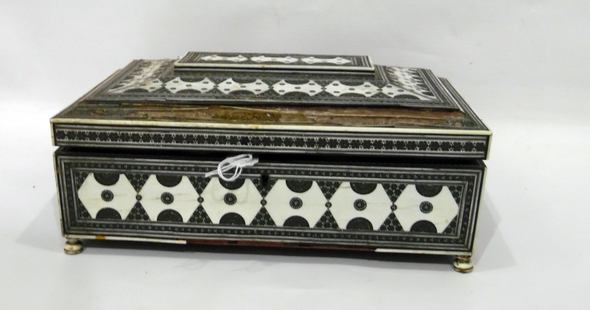 19th century Anglo Indian Sadeli work fitted sewing box of sarcophagus form, the internal