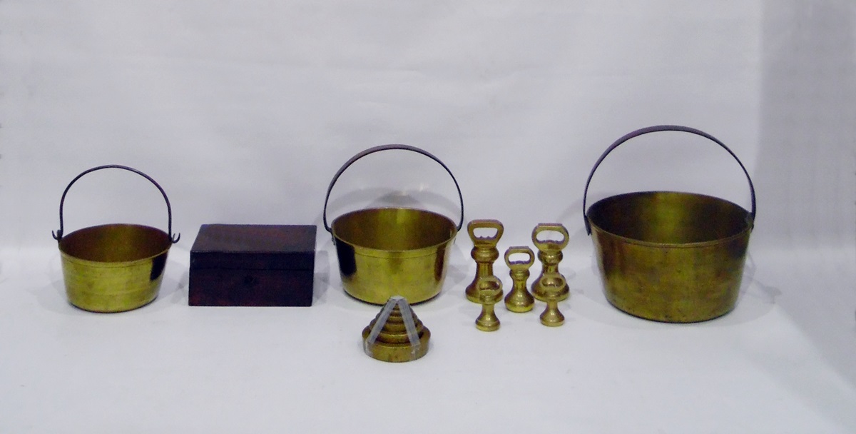 Victorian rosewood and mother-of-pearl box, three brass preserving pans, two with rigid handles