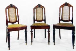 Set of eight mahogany framed cane panelled dining chairs on turned and fluted legs, carved crest