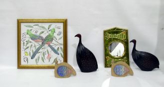 Two contemporary carved wooden models of birds, two ceramic contemporary models of camels, a ceramic