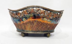 Antique plated on copper jardiniere, oval with serpentine gadrooned edges, pierced fruiting vine