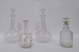 Pair of late 19th century cut glass decanters with chamfered necks to oblate bases, a strawberry cut