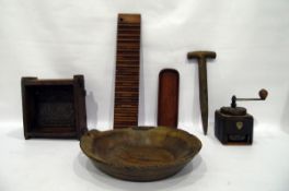 Old Pegasus coffee grinder with turned wood bowl, an old wooden dibber and sundry treen (6)