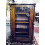 Victorian burr walnut inlaid and cross-banded music cabinet, three shelves, glazed door, brass