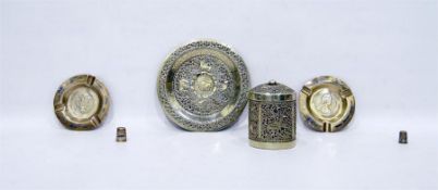 Indian silver tea caddy and matching dish with fol