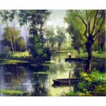 Oil on canvas  River scene with man hunting and an