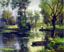 Oil on canvas  River scene with man hunting and an