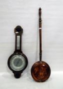 Oak banjo barometer and a copper warming pan