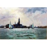 Pastel  Continental scene, sailing boats in the fo