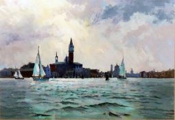 Pastel  Continental scene, sailing boats in the fo