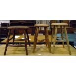 Old elm seated stool on turned supports and two be