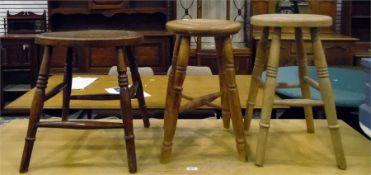 Old elm seated stool on turned supports and two be