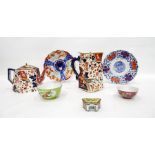 'Old Derby' pottery teapot and jug, two Imari patt