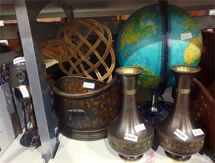 Large modern globe, pair of Oriental metal vases,