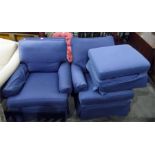 Pair of blue upholstered easy chairs with loose cu