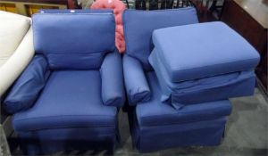 Pair of blue upholstered easy chairs with loose cu